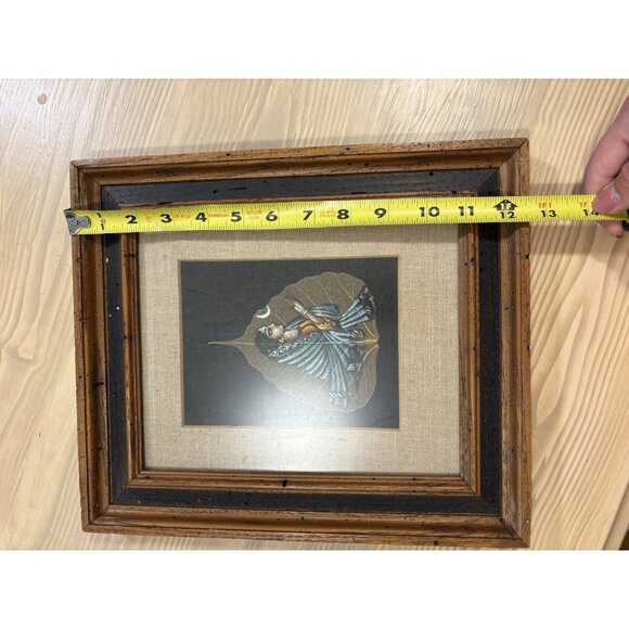 Vintage Peepal Leaf Painting Handpainted Indian Woman Crescent Moon Wood Framed - Picture 3 of 4